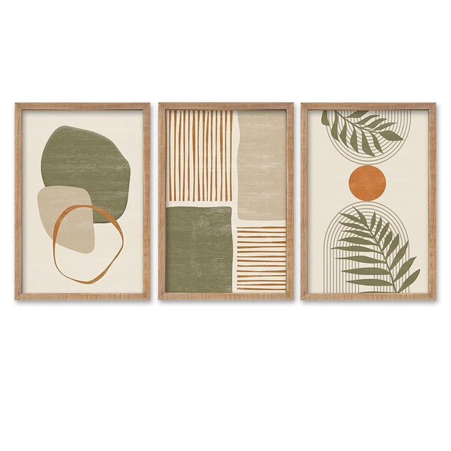 SRSZHIYUE Large Green Abstract Boho Plant Wall Art Neutral Bohemian Set of 3 Wood Framed 24x16 Inch for Living Room Bedroom Wall Decor Hanging (Wood)