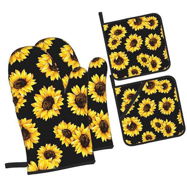 Lianmei Sunflower Pattern Oven Mitts Set of 4, Kitchen Oven Mitts and Pot Holders Farmhouse, Non-Slip Heat Resistant Oven Mitts for Kitchen, Cooking, BBQ, Baking, Grillin