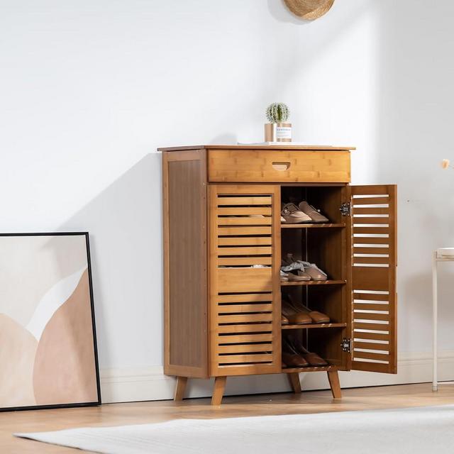 Suwoic Shoe Cabinet with 2 Doors for Entryway, 4 Tier Shoe Storage Cabinet, Freestanding Shoe Rack Storage Organiz for Closet, Living Room, Bedroom