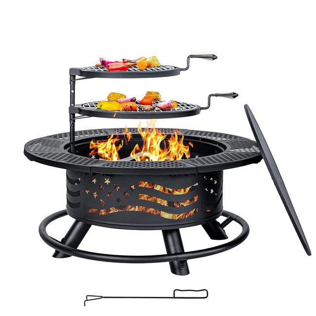 Panovue 36 Inch Fire Pit with 2 Cooking Grates, Outdoor Wood Burning BBQ Grill Firepit Bowl with Cover Lid, Steel Round Table for Backyard Bonfire Patio Picnic (Black, 36IN)