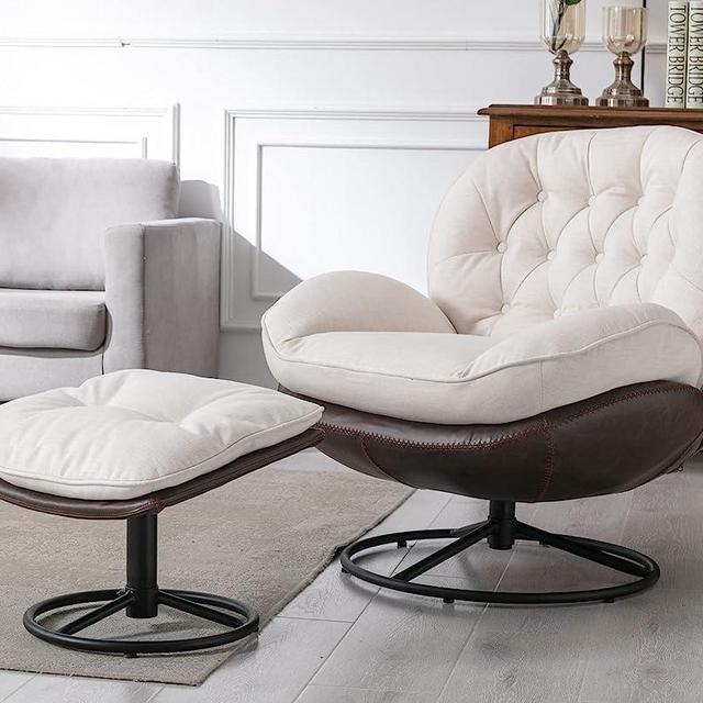 ZHENGHAO Swivel Accent Chair with Ottoman, Mid Century Modern Linen Lounge Chair with footrest, Comfy Fabric Armchair with 360 Degree Metal Base for Reading/Living Room/Bedroom, Cream