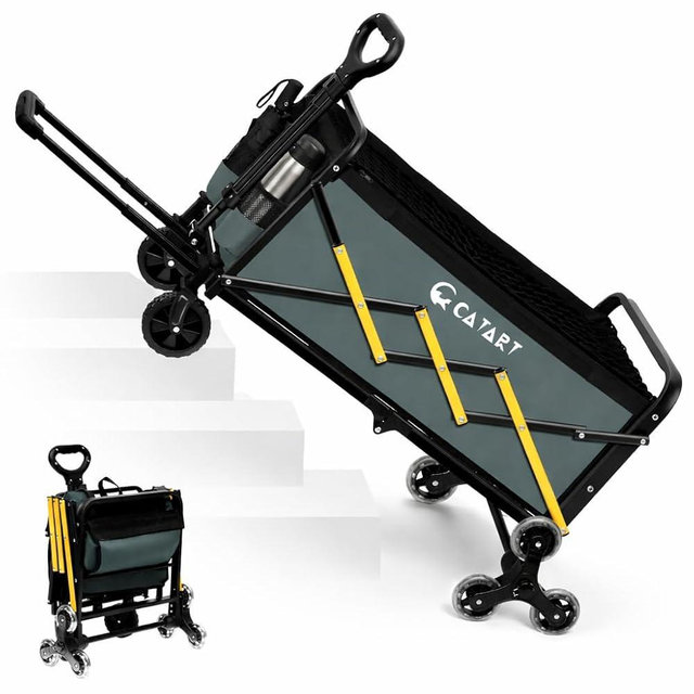 Folding Utility Cart with Triangular Wheels, 2 in 1 Collapsible Wagon for Stairs, Multi-Scene Stair Climbing Wagon, Lightweight Hand Truck with Telescoping Handle for Grocery, Laundry, Moving, Office