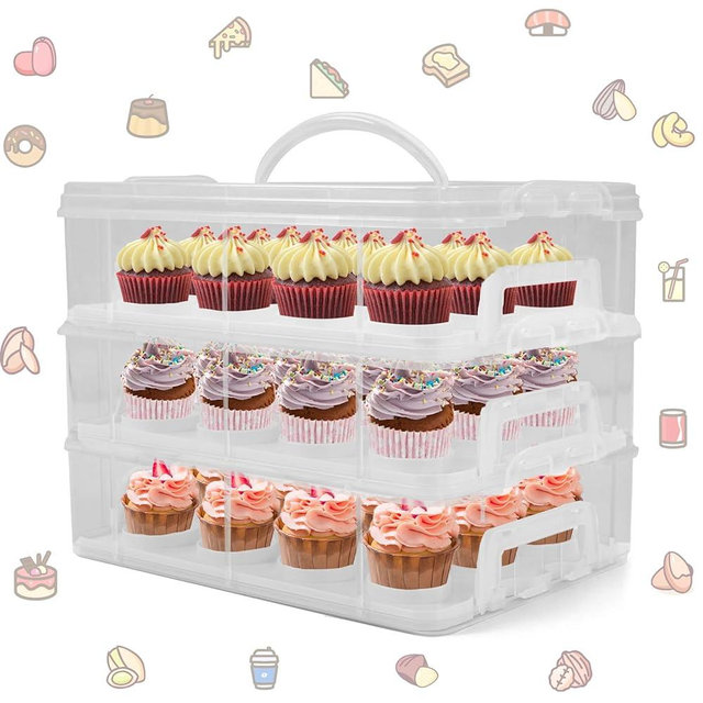 LEPump Cupcake Carrier, 3-Tiers Cupcake Containers, Holds 36 Cupcakes or 3 Large Cakes, Cupcake Holder, Cupcake Box with Lid and Handle (WHITE)