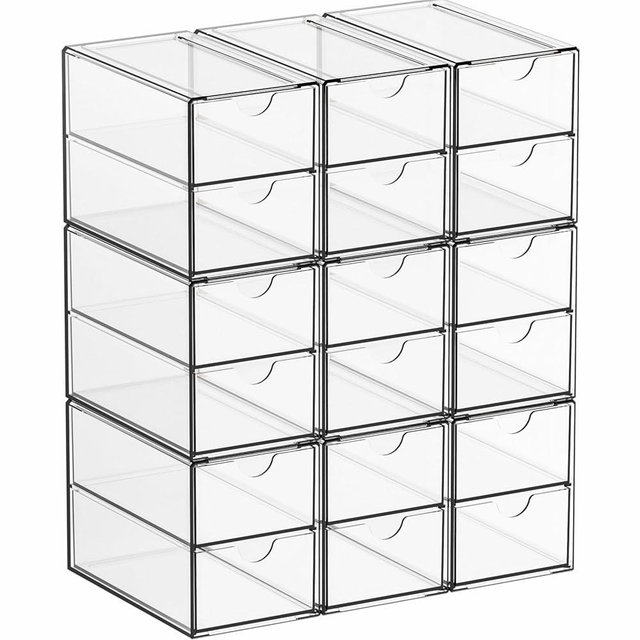 Yieach 9 Pack Small Acrylic Drawers With 18 Drawers,Clear Drawer Organizers Stackable,School,Office Supplies Organizer And Storage Bins for Stationery,Pen,Pencil,Craft,Glasses,Sunglass Organizer Case