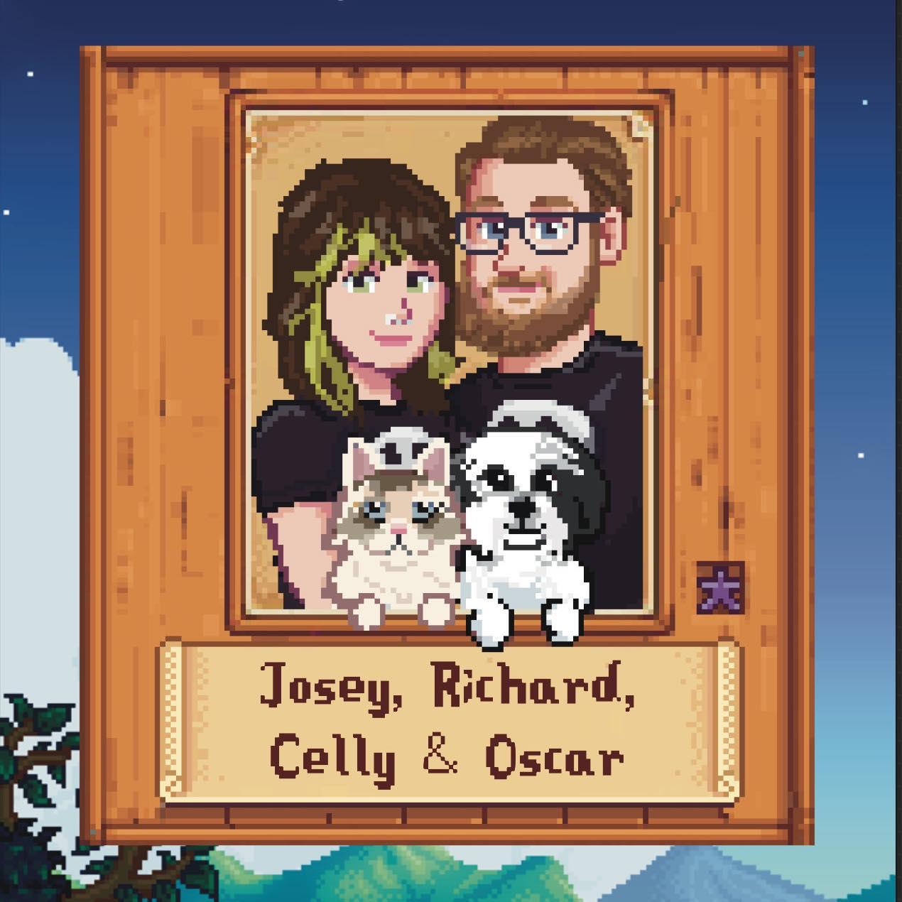 Family portrait in the style of Stardew Valley. We. Love. This. Game.