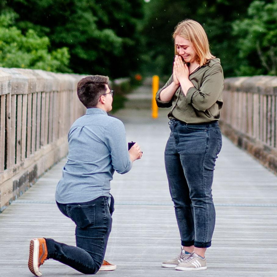 Proposal number 1! Marion proposed at the Rail Trail Bridge near Danville, where Bailey had taken her on our second date.