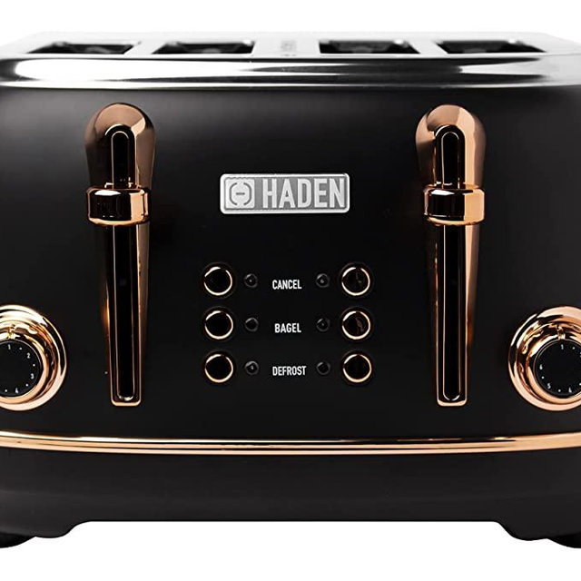 Haden 75042 Heritage 4 Slice Toaster, Wide Slot with Removable Crumb Tray and Settings, Black/Copper