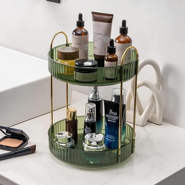 360° Rotating Makeup Organizer, Bathroom Makeup Carousel Spinning Holder Rack, Large Capacity Cosmetics Storage Box Vanity Shelf Countertop, Fits Cosmetic, Perfume, Lotions Skin Care, Makeup Brushes, Lipsticks(2 Tiers, Green)