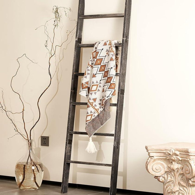 Blanket Ladder for The Living Room 6-Tier, Wooden Decorative Quilt Holder for Bed Room, Wall-Leaning Wood Towel Rack for Bathroom，Rustic Farmhouse Ladders for Display.(Black Wash)