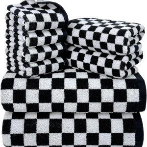 Jacquotha Black and White Towels Set of 8, Cute Checkered Towels for Bathroom Decor, 2 Bath, 2 Hand, 4 Washcloths, Cotton
