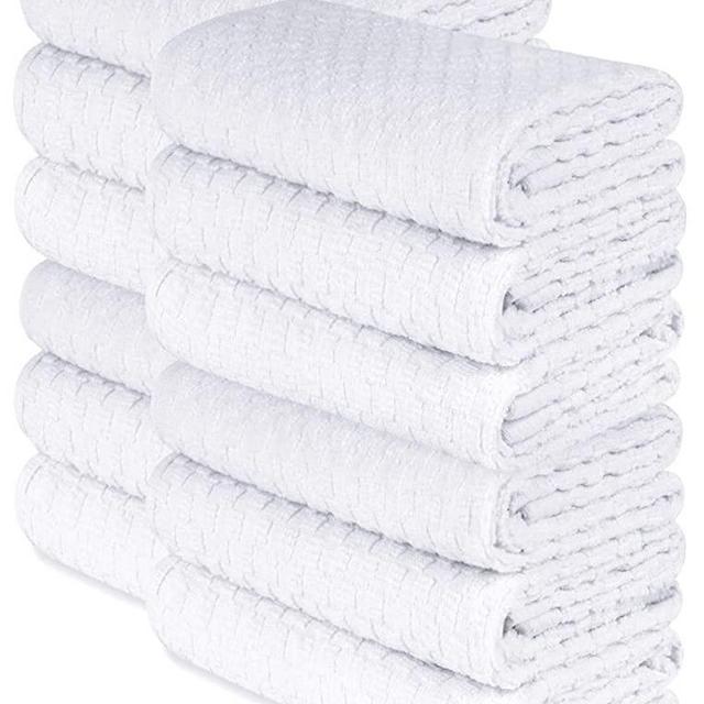 [12 Pack] Kitchen Dish Hand Towels, 100% Cotton Dobby Weave, 410GSM Absorbent Terry Cleaning Cloth, 15x26, White