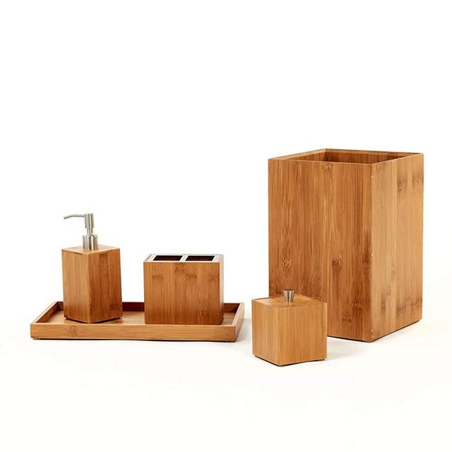Seville Classics Bamboo Eco-Conscious Bathroom Vanity Organizer Set Kitchen Home Over The Sink Trash Bin, Soap, Cotton Ball Holder, Towel Tray, 5 Piece