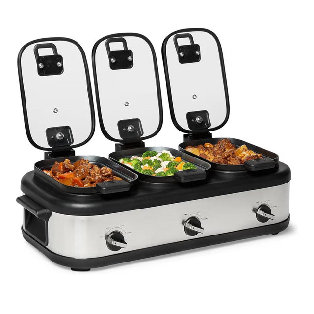 Amazon Basics Triple Slow Cooker with Ceramic Non-Stick Coating and Temperature Controls, 3 x 2.5 Quarts, Stainless Steel