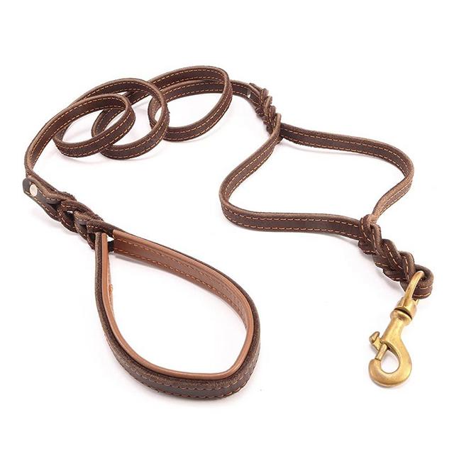 Heavy Duty Leather Dog Leash with 2 Handles,Padded Traffic Handle for Extra Control,6Ft Dog Training Walking Leashes for Medium Large Dogs