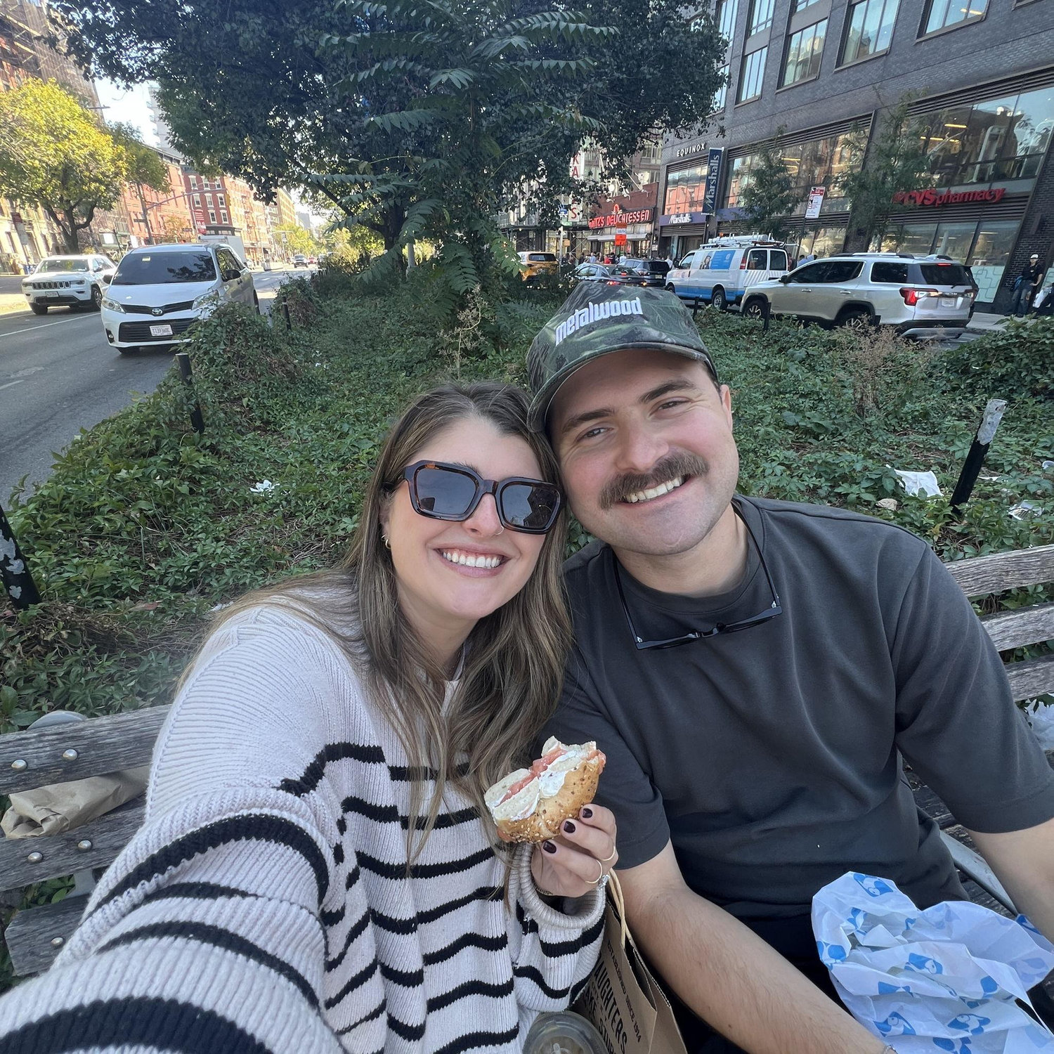 On our favorite city bench outside of Russ n Daughters, NYC