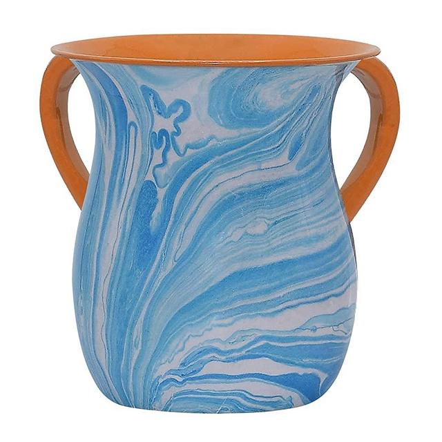 Stainless Steel Netilat Yadayim Cup – Light Blue Swirl Painted Design - Looks Like Ceramic - Rust, Break and Crack Proof Negel Vasser Cup - Judaica Gift Collection by The Kosher Cook