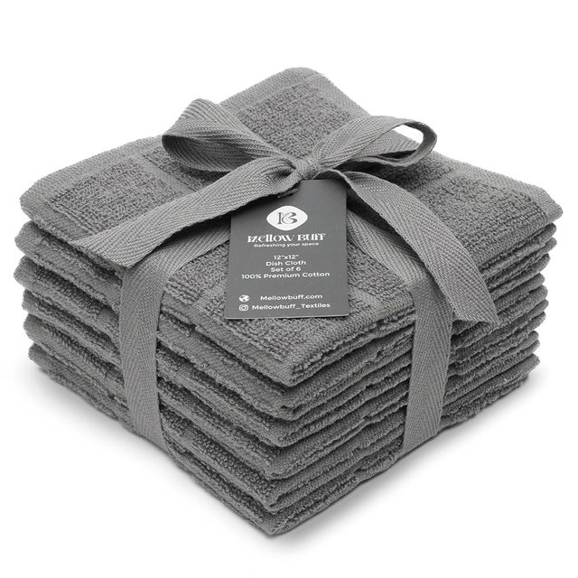 Mellow Buff 100% Cotton Terry Dish Cloth & Dish Towel, 6 Pack, Super Soft and Absorbent Kitchen Towels, Perfect for Kitchen Cleaning and Dish Washing (Grey 6 Pack)