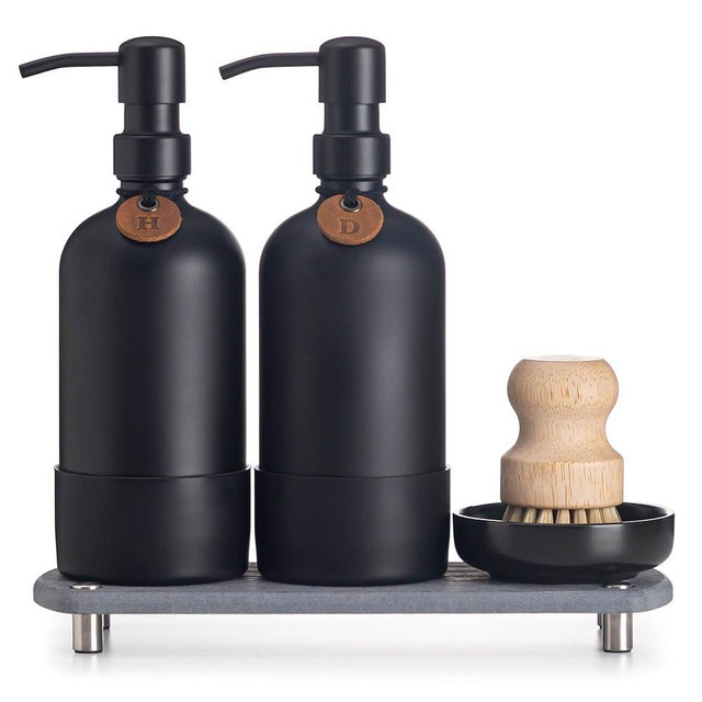 [Luxurious] Hand and Dish Soap Dispenser Set, Kitchen Soap Dispenser Set with Handmade Leather Tag, Instant Dry Tray, Stainless Steel Pump, Non-Slip Pad, Add Elegant Touch to Your Kitchen Sink