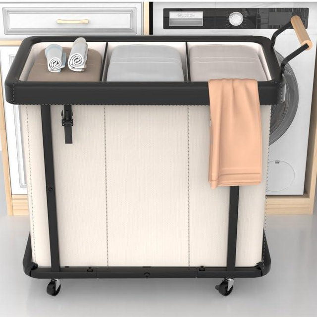 60 Gal (230L) Laundry Hamper 3 Section with Lid, Leather Patchwork Laundry Sorter with Rolling Lockable Wheels and Handle, Laundry Basket Organizer for Laundry Room, Bedroom and Bathroom - White