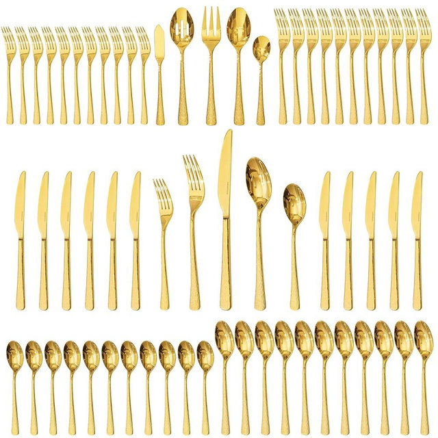 KINGSTONE Gold Hammered Silverware Set, Flatware Set with Serving Utensils, 18/10 Stainless Steel Premium Cutlery with Unique Ripple Handles Design Mirror Polished - Dishwasher Safe (65-Piece)
