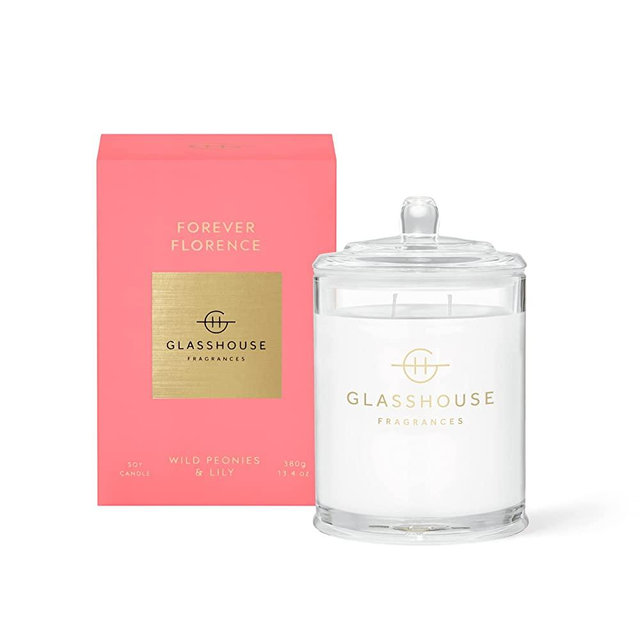 Glasshouse Fragrances Forever Florence Candle, Triple Scented Natural Soy Wax Blend, 2 Wicks & Glass Jar, 65 Hour Burn Time, Wild Peonies & Lily, 13.4 Oz (380g)