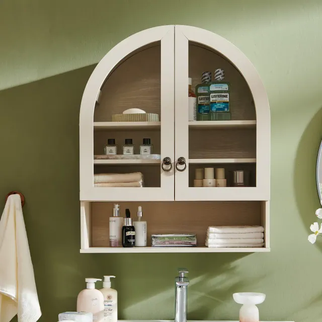 Arched Bathroom Wall Cabinet with Drawer, 28" Modern Medicine Cabinet with Adjustable Shelves, Over-Toilet Storage, Cream