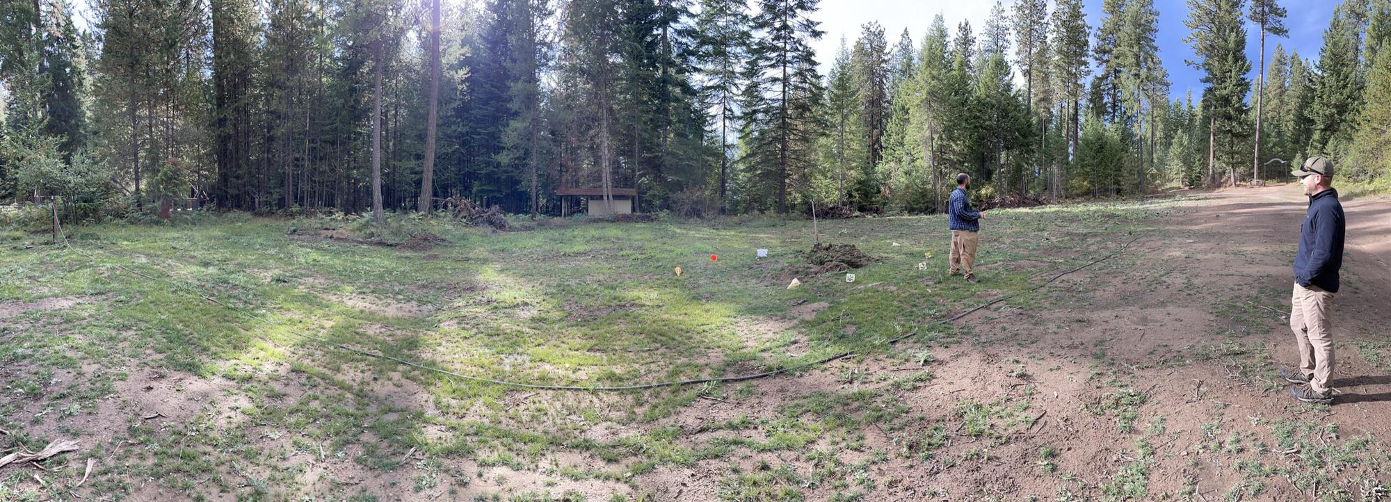 A view of the bumpy dry camping Rv/trailer field that will be first come first serve with a funny glitch in the Pano that added a couple inches to Tyler's waistline :)