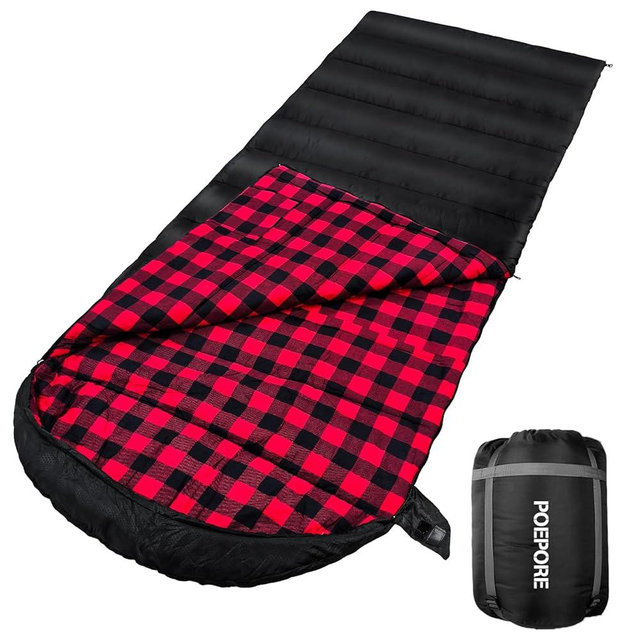 POEPORE Flannel Sleeping Bag Cotton 0 Degree Cold Weather for Adults XXL Sleeping Bag 4 Season Big and Tall with Compression Sack