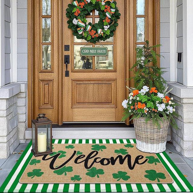 Tinideya 2 Pcs St. Patrick's Day Doormats Welcome Outdoor Irish Shamrock Lucky Clover Door Mats Layered Front Door Rugs Non Slip Floor Mats for Porch Entryway Indoor Outdoor