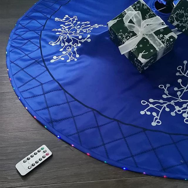 Halo Christmas Tree Skirt with Programmable LED Lights – 50" Blue Embroidery Tree Skirts for Christmas Holiday Decoration