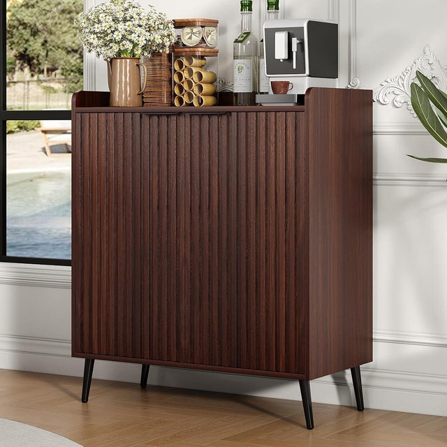 COCO DESIGN Modern Wine Bar Cabinet with Fluted Door, Glass Holder & Drawers, Farmhouse Coffee Cabinet with Removable Wine Rack & Adjustable Shelf, Exquisite Liquor Cabinet for Living Room, Walnut