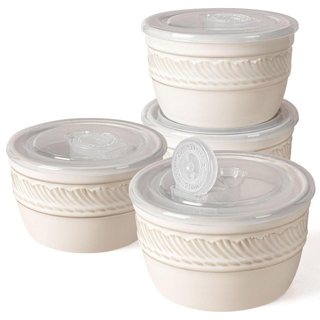 Artena Ramekins with Lids, Creme Brulee Ramekins Oven Safe, Ceramic Pudding Cups, Souffle Cups, Custard Cups, Dipping Sauce Cups, Food Storage Containers with Lids, Set of 4 (Willow Leaf, 8 oz)