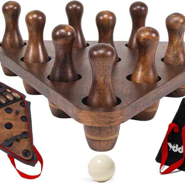YDDS Shuffleboard Bowling Pin Set with 10 Pcs Premium Hardwood Bowling Pins Durabel Triangular Pinsetter Resin Bowling Ball and Carrying Bag, Fun for Shuffleboard Games