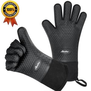 Auzilar - Silicone Oven Mitts Extra-long Heat Resistant Mitts Kitchen Gloves with Internal Cotton Lining for Cooking Pot Holder Grilling BBQ Baking Oven Fireplace Camping Kitchen and so on (Black)