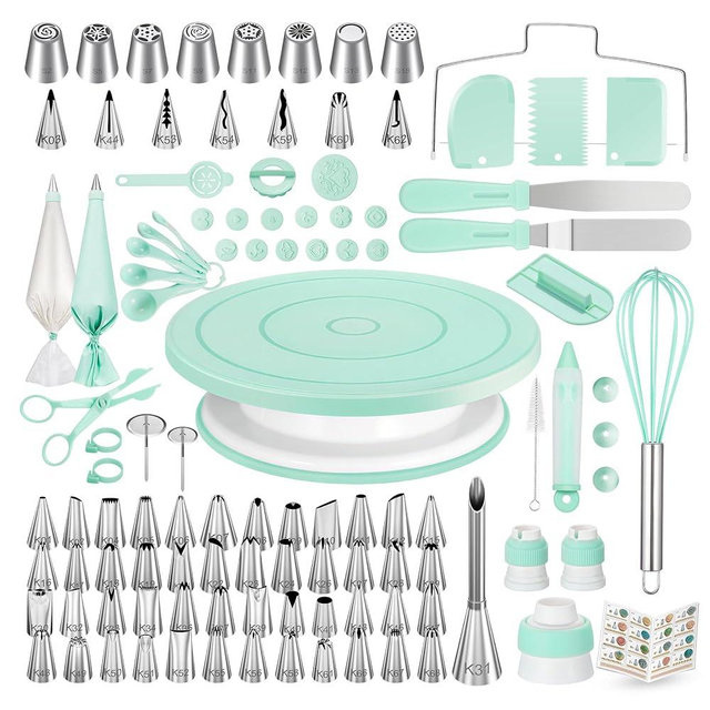 Kootek 158PCs Cake Decorating Kit, Baking Supplies Tools - Includes Cake Stand Turntable, 64 Icing Piping Tips Set, 2 Frosting Spatulas, 3 Scrapers, 50+2 Pastry Bags, Coupler, Video Tutorial, Booklet