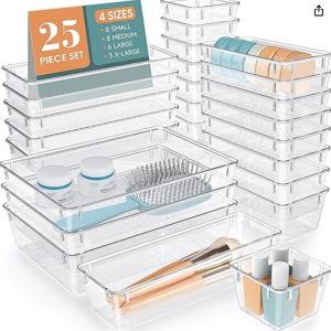 **CLEAR** WOWBOX 25 PCS Clear Plastic Drawer Organizer Set, 4 Sizes Desk Drawer Divider Organizers and Storage Bins for Makeup, Jewelry, Gadgets for Kitchen, Bedroom, Bathroom, Office