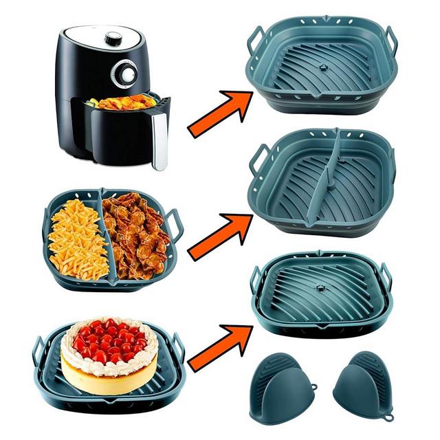 Reusable Silicone Air Fryer Liner with Division, Air Fryer Liner Accesories and a pair of Oven Silicone Gloves Non-Stick Baking Mat for Airfryer, Conventional Oven and Microwave, Two meats Two Sauces