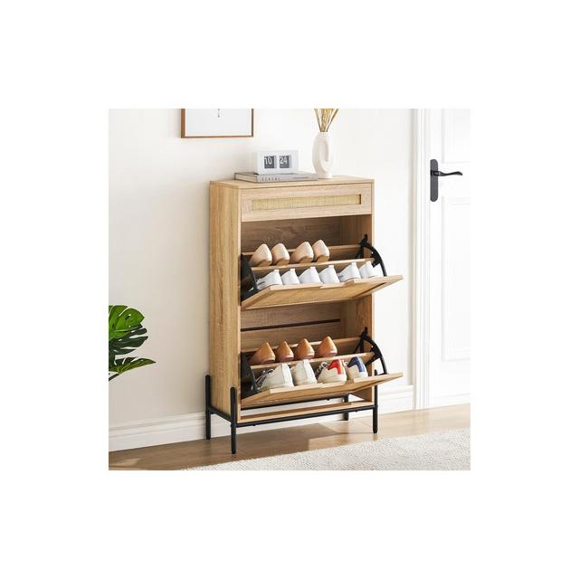 Whizmax Natural Rattan 2 Flip Door with 1 Drawer Shoe Cabinet Organizer Freestanding, Shoe Rack Storage Cabinet for Slippers, Sneakers, Heels, Boots