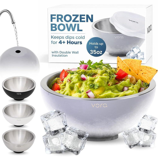 Vora 35oz Dip Chiller Bowl with Lid | 1 Pack Grey Stainless Steel Chilled Dip Bowl for Dips, Guacamole, Hummus, Salsa | Insulated Serving Dishes with Easiest Water Fill & Refillable Chamber