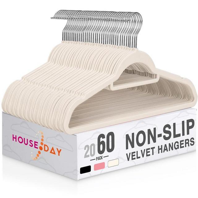 HOUSE DAY Velvet Hangers with Tie Bar 60 Pack Ivory, Clothes Hanger Non-Slip, Space Saving Felt Hangers for Pants, Coat, Suits, Shirt, Scarf, No Hanger Marks