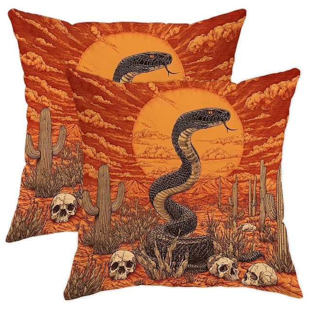 Desert Plants Pillow Covers Set of 2, Orange Snake Skull Throw Pillows Case, Fall Autumn Decorative Square Western Decor for Home Sofa Bed Couch 20x20 Inch