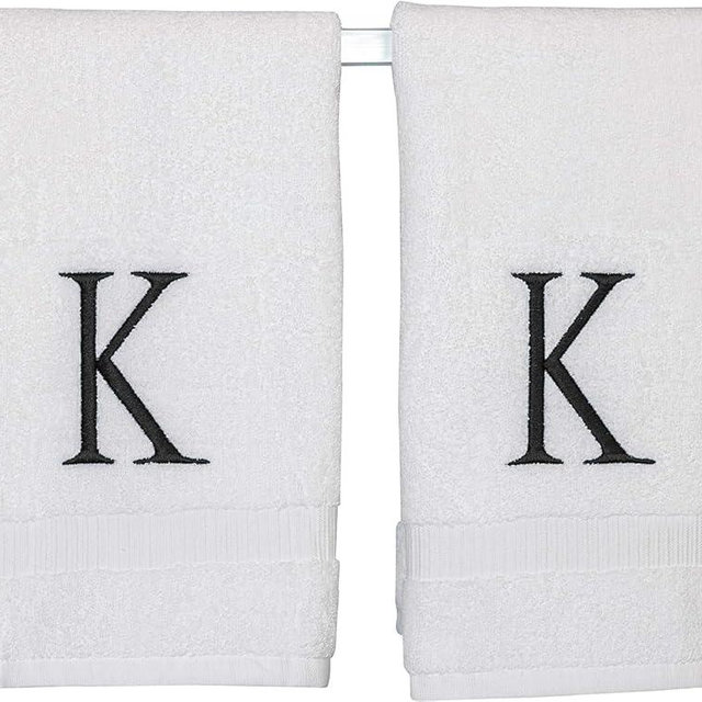Decorvo Black Monogrammed Bathroom Hand Towel - Black & White Luxury Hotel Quality Personalized Initial Decorative Embroidered Towel for Powder Room, Spa - GOTS Organic Certified - Set of 2 Letter K