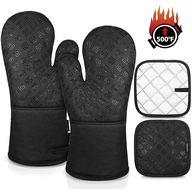 Homemaxs Oven Mitts and Pot Holders 4pcs Set, 500℉ Heat Resistant Non-Slip Food Grade Kitchen Mitten Silicone Cooking Gloves s for Kitchen, Cooking, Baking, BBQ-Black