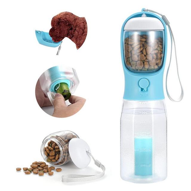 Geeebooc 3-in-1 Portable Dog Water Bottle with Food Container, Replaceable Waste Bags, Built-in Filtration, Measuring Scale, BPA-Free (20oz-Blue)