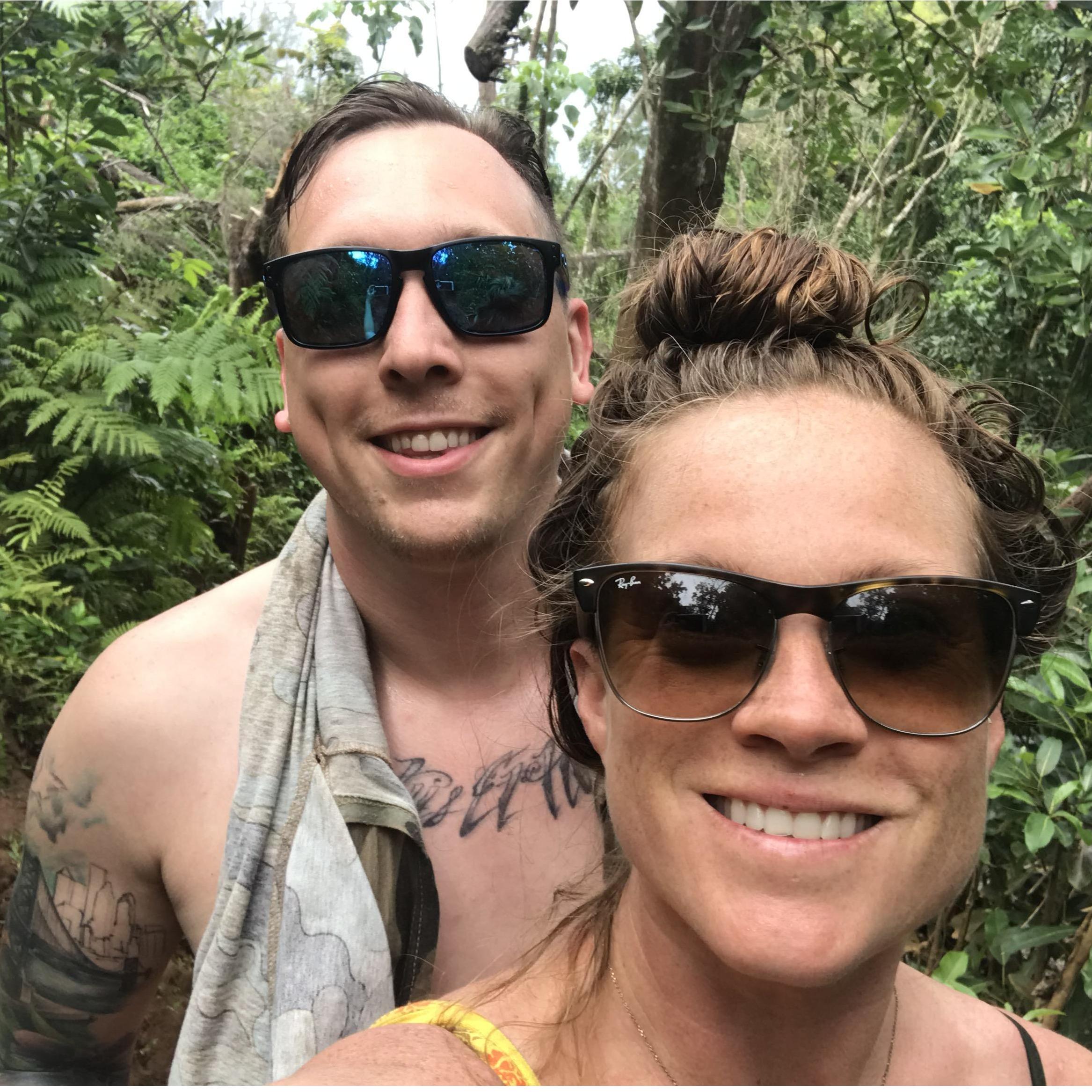 This is the day after we got engaged, hiking to the Queen's pool on Kauai. I was terrified of losing the ring while swimming