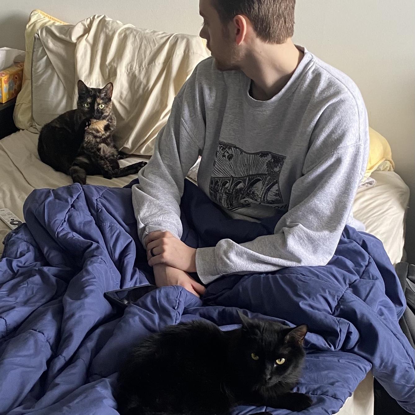 The cats love to jump in bed with Jared (the favorite) on slow mornings