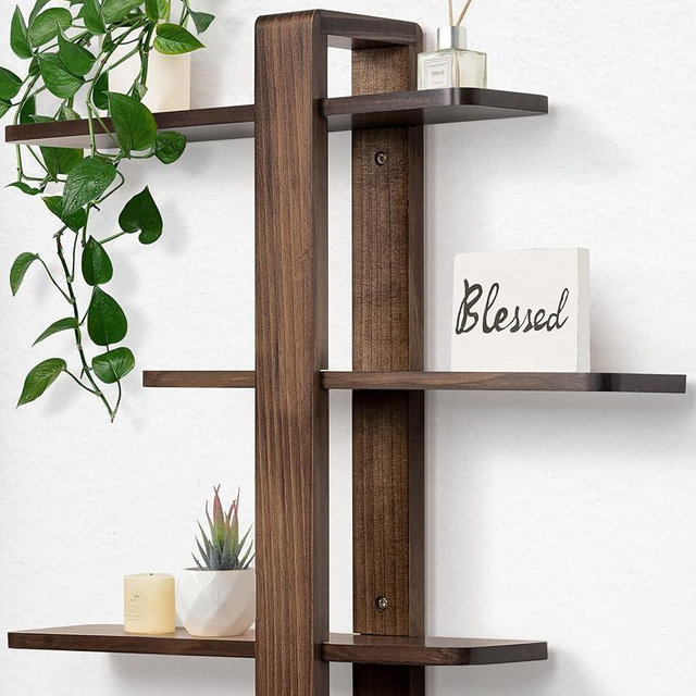 SUMGAR Floating Shelves for Wall Walnut Mounted Shelving Unit All Pine 3 Tier Large Shelf for Bedroom Living Room Office Bathroom Home Decoration Storage Plant Photo Display Modern 20in