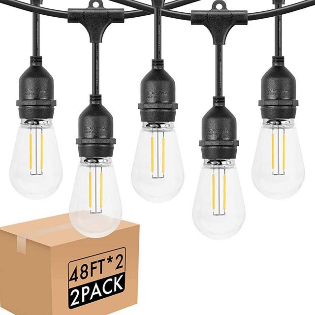 bulbeats 2 Pack 48FT LED Outdoor String Lights, 15 Hanging sockets Waterproof Patio Lights , 2200K Dimmable Bulb, UL Polar Plug, Hanging in Cafe Bistro Gazebo Garden Backyard Light(Bulbs Include)