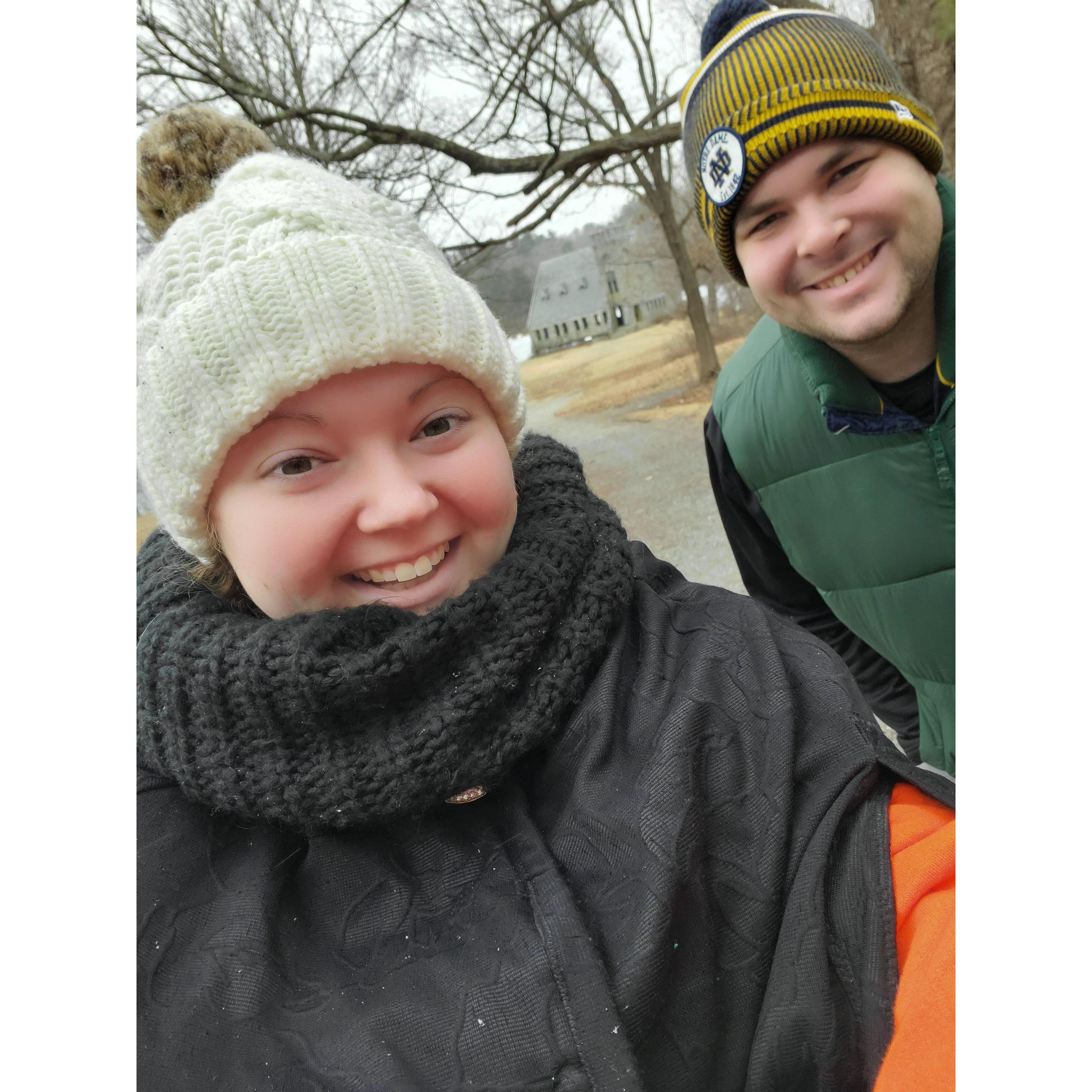 Visiting our wedding ceremony site while it was flurrying! 2.19.22