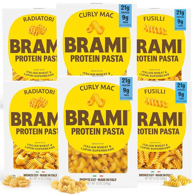 Brami Fusilli, Curly Mac, Radiatori Italian Protein Pasta | Low Carb | High Fiber | High Protein | Keto | Non-GMO | Made in Italy | Semolina Pasta, Fortified with Heart Healthy Lupini Beans | 8oz (Pack of 6)